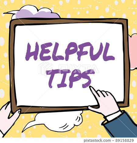 Conceptual caption Helpful Tips. Business approach Useful secret Information Advice given to accomplish something Hands Holding Paper Showing New Ideas Surrounded With Stars. 89158829