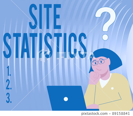 Sign displaying Site Statistics. Word Written on measurement of behavior of visitors to certain website Lady Drawing Brainstorming New Solutions Surrounded With Question Marks 89158841