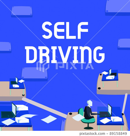 Handwriting text Self Driving. Word for Autonomous vehicle Ability to navigate without human input Male office worker utilizing technology available office supplies. 89158849