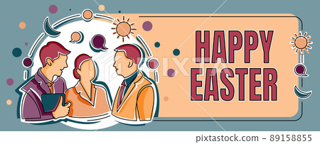 Hand writing sign Happy Easter. Conceptual photo Christian feast commemorating the resurrection of Jesus Colleagues Sharing Thoughts Together With Speech Bubbles And Assorted S Hand writing sign Happy Easter. Conceptual photo Christian feast commemorating the resurrection of Jesus Colleagues Sharing Thoughts Together With Speech Bubbles And Assorted S 89158855