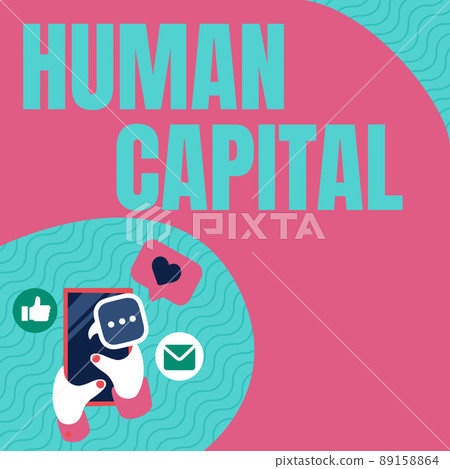 Handwriting text Human Capital. Conceptual photo Intangible Collective Resources Competence Capital Education Hand Holding Mobile Phone Pressing Application Button Showing Technology. Handwriting text Human Capital. Conceptual photo Intangible Collective Resources Competence Capital Education Hand Holding Mobile Phone Pressing Application Button Showing Technology. 89158864