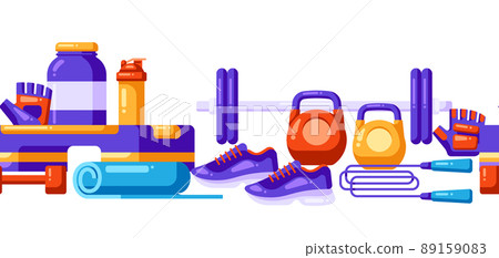 Seamless pattern with fitness equipment. Sport bodybuilding items illustration. Seamless pattern with fitness equipment. Sport bodybuilding items illustration. 89159083