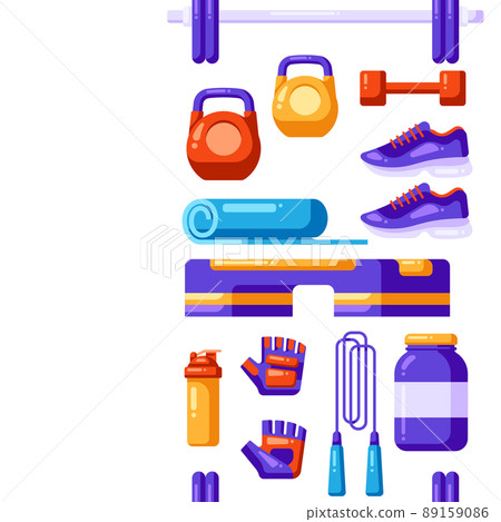 Seamless pattern with fitness equipment. Sport bodybuilding items illustration. 89159086