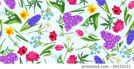 Seamless pattern with spring flowers. Beautiful decorative bouquet of blooming plants. 89159151