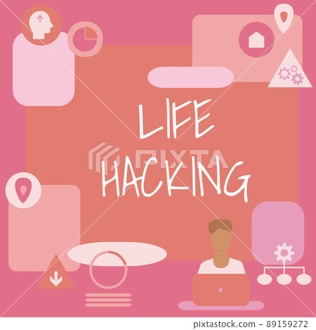 Text caption presenting Life Hacking. Conceptual photo Simple and clever techniques in accomplishing task easily Man Sitting On Desk Working And Presenting New Technologies. 89159272
