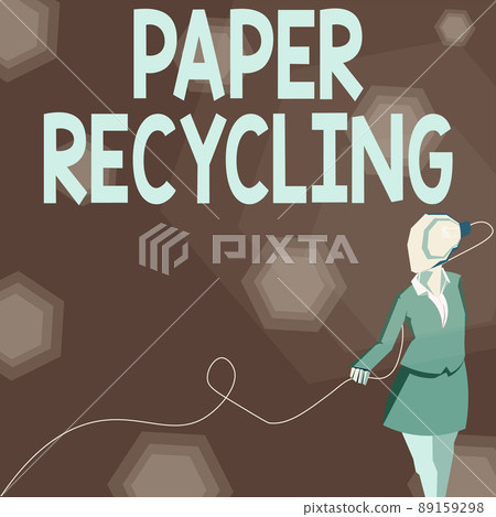 Text caption presenting Paper Recycling. Business idea Using the waste papers in a new way by recycling them Lady wearing suit with a head full of ideas represented by a light bulb. 89159298