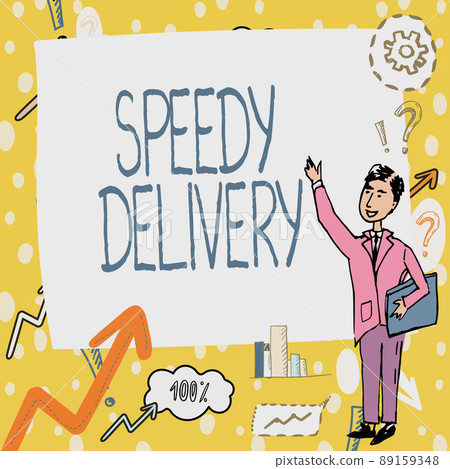 Hand writing sign Speedy Delivery. Word for provide products in fast way or same day shipping overseas Gentleman Drawing Standing Pointing Finger In Blank Whiteboard. Hand writing sign Speedy Delivery. Word for provide products in fast way or same day shipping overseas Gentleman Drawing Standing Pointing Finger In Blank Whiteboard. 89159348