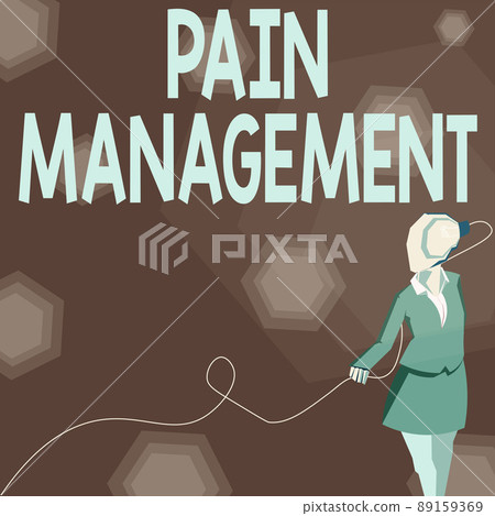Text showing inspiration Pain Management. Business overview a branch of medicine employing an interdisciplinary approach Lady wearing suit with a head full of ideas represented by a light bulb. 89159369