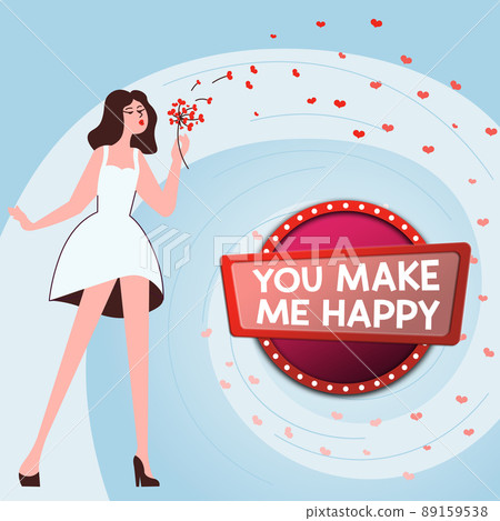 Hand writing sign YOU MAKE ME HAPPY. Business overview Feeling of happiness when lover is nearby Woman blowing bunch of flowers displaying peaceful romantic nature. Hand writing sign YOU MAKE ME HAPPY. Business overview Feeling of happiness when lover is nearby Woman blowing bunch of flowers displaying peaceful romantic nature. 89159538