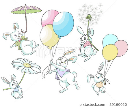 Design doodle set with happy funny rabbits, flying on balloons, flowers and umbrella isolated on white background. Colorful vector illustration, Easter spring and animal of the year 2023 concept.  89160030