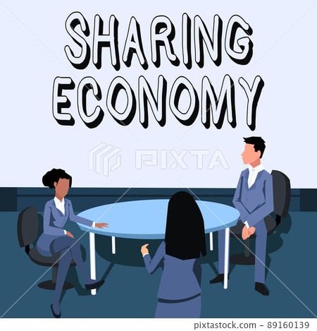 Conceptual caption Sharing Economy. Business idea economic model based on providing access to goods Colleagues having meeting presenting project ideas achieving teamwork. 89160139
