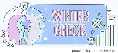 Text showing inspiration Winter Check. Conceptual photo Coldest Season Maintenance Preparedness Snow Shovel Hiemal Two Heads Connected Puzzle Showing Solving Problems And Sharing Success Text showing inspiration Winter Check. Conceptual photo Coldest Season Maintenance Preparedness Snow Shovel Hiemal Two Heads Connected Puzzle Showing Solving Problems And Sharing Success 89160242