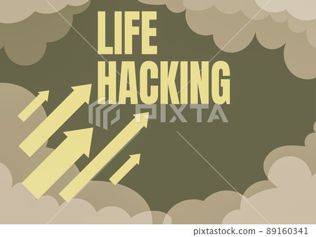 Conceptual caption Life Hacking. Word Written on Simple and clever techniques in accomplishing task easily Arrows moving quickly towards sky surrounded with clouds achieving goals 89160341