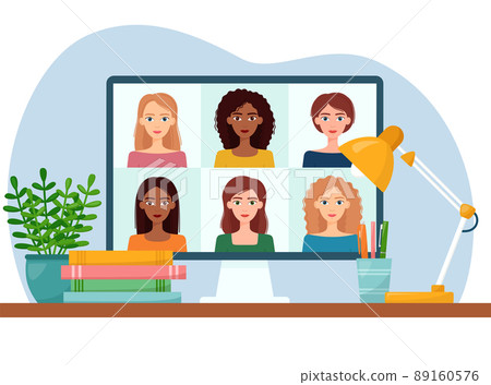 Online meeting via video conference. Women connecting together, learning or meeting online, remote working. Vector illustration 89160576