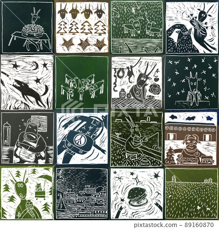Checkered seamless pattern with animals. Set of hand drawn gazelle, sheep, cow, linocut technique. 89160870