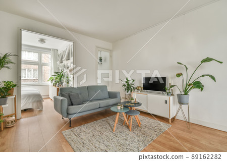 The interior of a spacious living room connected to a dining area and lots of house plants The interior of a spacious living room connected to a dining area and lots of house plants 89162282