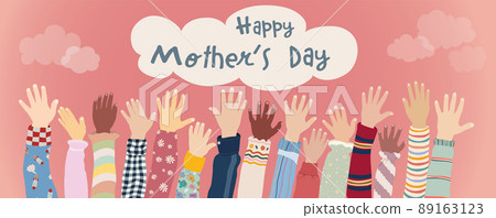 Banner with arms and raised hands of happy and joyful children and multicultural babies with text -Happy Mother s Day- Pink background with clouds. Mother s day sign. Happiness. Celebrate 89163123
