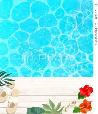 Summer background material of palm leaves and hibiscus and sandals on the beautiful emerald green sea and wood deck Summer background material of palm leaves and hibiscus and sandals on the beautiful emerald green sea and wood deck 89163224