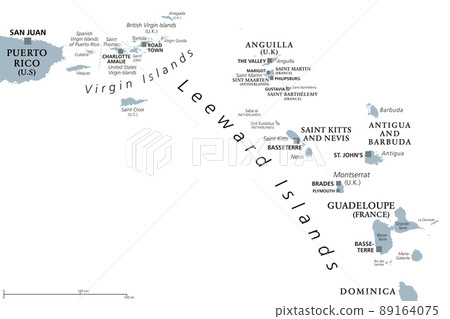 Leeward Islands, gray political map. Part of Lesser Antilles, north of Windward Islands in the Caribbean. Virgin Islands, Anguilla, St Kitts and Nevis, Antigua and Barbuda, Montserrat, and Guadeloupe. Leeward Islands, gray political map. Part of Lesser Antilles, north of Windward Islands in the Caribbean. Virgin Islands, Anguilla, St Kitts and Nevis, Antigua and Barbuda, Montserrat, and Guadeloupe. 89164075