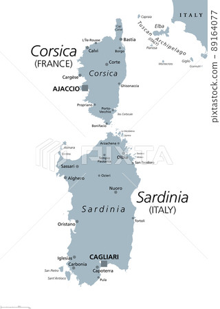 Corsica and Sardinia, gray political map. French and Italian islands, with capitals Ajaccio and Cagliari, in the Mediterranean Sea, west of Italian Peninsula and Tyrrhenian Sea, south of Ligurian Sea. 89164077