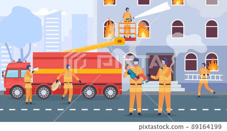 Flat fire emergency vector concept, firefighter and truck Flat fire emergency vector concept, firefighter and truck 89164199