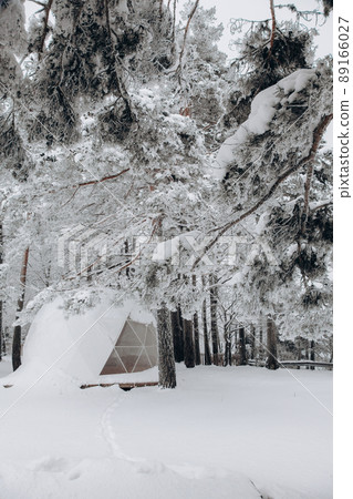 Glamping area with dome tent in the snowy winter outdoors Glamping area with dome tent in the snowy winter outdoors 89166027