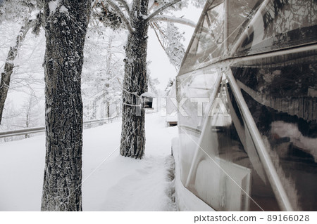 Glamping area with part of dome tent and a bird feeder on tree in the snowy winter forest Glamping area with part of dome tent and a bird feeder on tree in the snowy winter forest 89166028