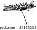 Hand drawn dandelion fluffy umbrella seed covered with cobweb with dew drops wafting on the breeze 89166238