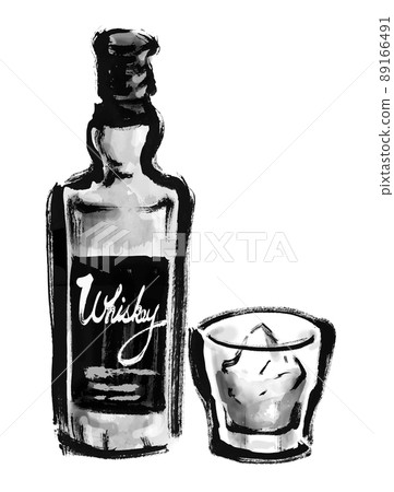 威士忌酒瓶和玻璃單色的手繪日式插圖 89166491