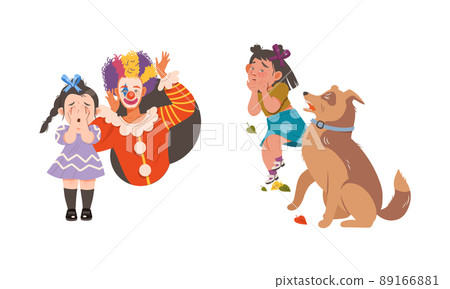 Childhood fears set. Kids afraid of clowns and big dogs vector illustration Childhood fears set. Kids afraid of clowns and big dogs vector illustration 89166881