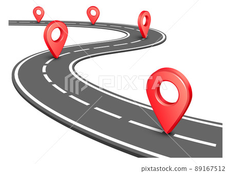 Road with red geo pins. Destination points way 89167512