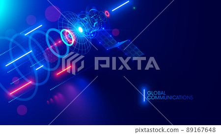 Satellite communications abstract banner. Satellite in space transmit wireless signal of global internet. Artificial earth satellite with solar panels on orbit broadcast transmission of internet data. 89167648