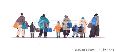 Ukrainian refugees with things fleeing russian aggression against Ukraine stop war concept people searching new homes 89168223