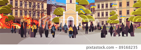 Ukrainian refugees with things fleeing russian aggression against Ukraine stop war concept 89168235