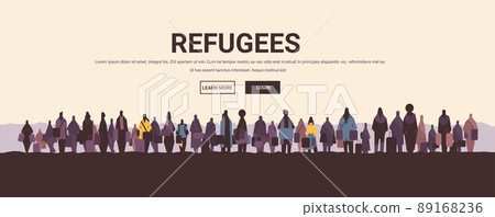 Ukrainian refugees with things rush to border fleeing russian aggression against Ukraine stop war concept 89168236