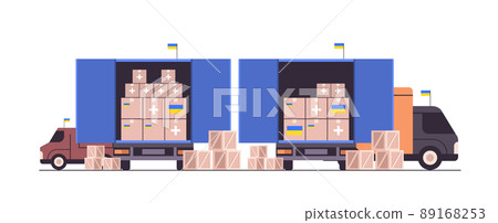 delivery of humanitarian aid in Ukraine by trucks save Ukraine from russia stop war medical supplies food clothing donation 89168253