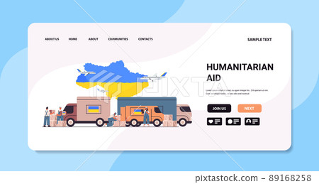 volunteers giving help boxes with Ukraininan flag to refugees humanitarian aid material assistance governmental help volunteers giving help boxes with Ukraininan flag to refugees humanitarian aid material assistance governmental help 89168258