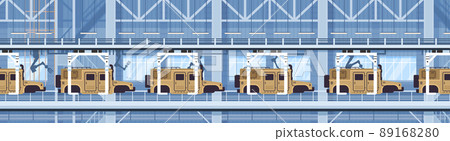armoured personnel carrier APC on assembly conveyor line with robot arms special battle transport military equipment production armoured personnel carrier APC on assembly conveyor line with robot arms special battle transport military equipment production 89168280