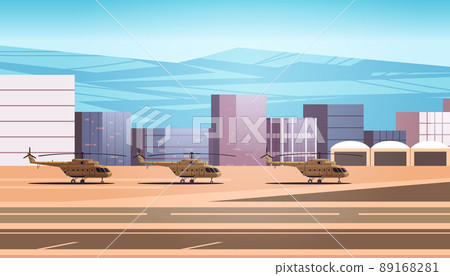 green helicopters special battle transport on military airport runway and aviation control point stop war against Ukraine 89168281