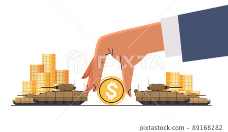 Ukrainian tank special army battle transport military equipment near dollar coins financing war sanctions metaphor 89168282