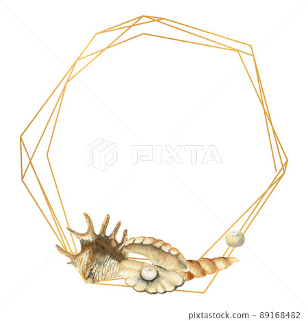 Hand-drawn Gold frame with shells, beach illustration. Watercolor seashells on a white isolated background 89168482