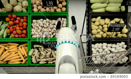 The robot makes a purchase, add products to the basket.4k render 89169093