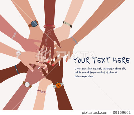 Group of hands on top of each other in a circle of diverse multi-ethnic and multicultural people.Community team concept.People or society of different races and cultures. Racial equality 89169661