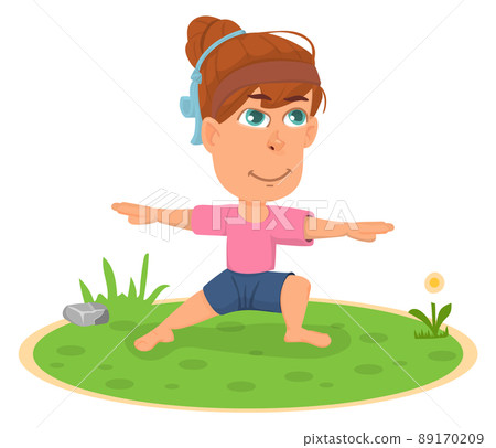 Girl in yoga pose. Happy kid morning exercise Girl in yoga pose. Happy kid morning exercise 89170209