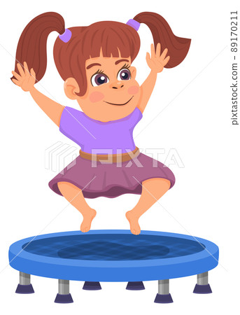 Happy girl jumping on trampoline. Cartoon kid playing Happy girl jumping on trampoline. Cartoon kid playing 89170211