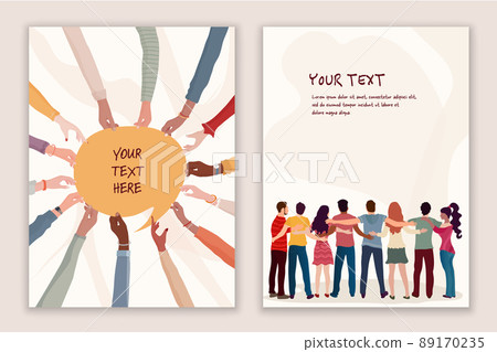 Group of multicultural volunteer people embraced viewed from behind and group of hands holding a speech bubble.NGO - flyer - brochure - poster - cover -editable template.Volunteer concept Group of multicultural volunteer people embraced viewed from behind and group of hands holding a speech bubble.NGO - flyer - brochure - poster - cover -editable template.Volunteer concept 89170235