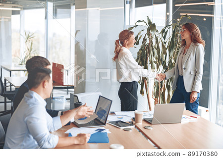 two confident businesswoman are handshaking before meeting in modern office two confident businesswoman are handshaking before meeting in modern office 89170380