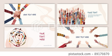 Volunteer people group concept banner - cover - poster editable template. Raised arms and hands of multiethnic people. Multicultural people holding hands. Hands in a circle. Team concept 89170870