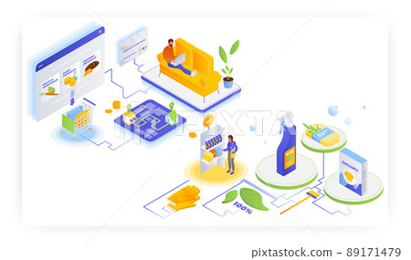 People shopping for groceries and natural household cleaning products online, flat vector isometric illustration. 89171479