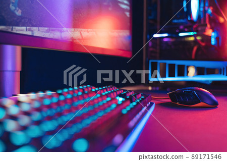 Pro Gaming desktop in neon colours closeup 89171546